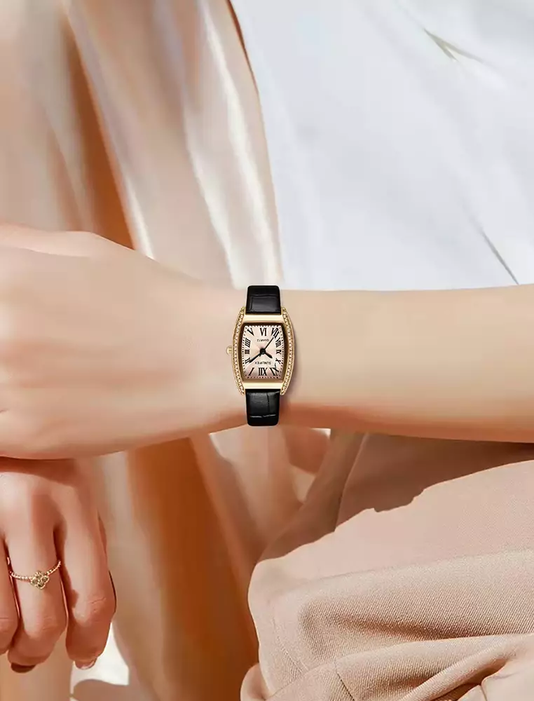 Jam Tangan Wanita Tonneau-shaped Diamond Dial Tali Kulit Mode Jam Tangan Cewek black white