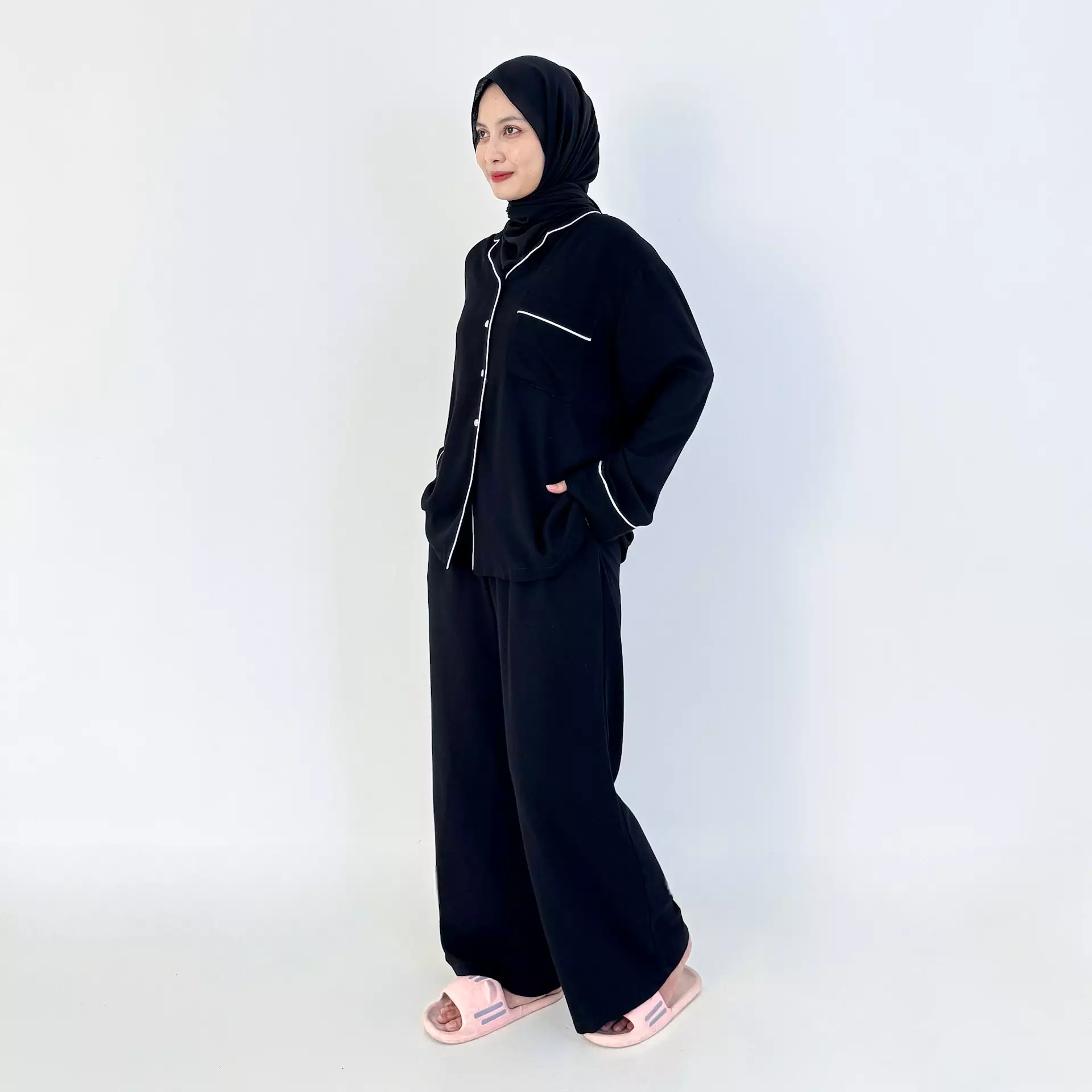 Pyjama Cotton Basic [HITAM] SIZE M-XXL Baju Tidur Long Sleeve Long Pants Sleepwear
