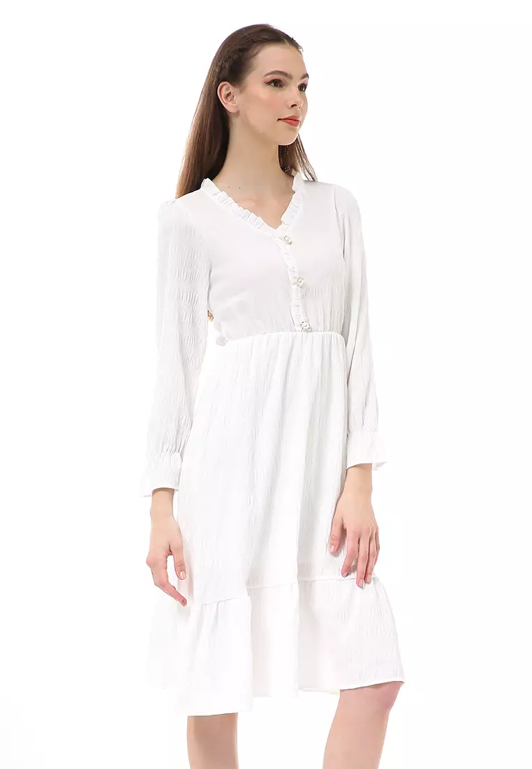 Rachel Dress Kasual Wanita Lengan Panjang Model Simple Material Chiffon ORIGINAL - White