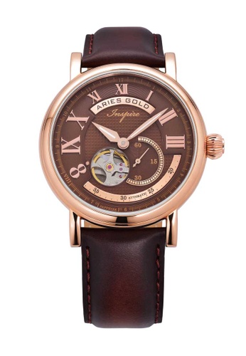 Aries Gold 褐色 Aries Gold Inspire Gauntlet Rose Gold and Brown Leather Watch 684D2AC45755F4GS_1