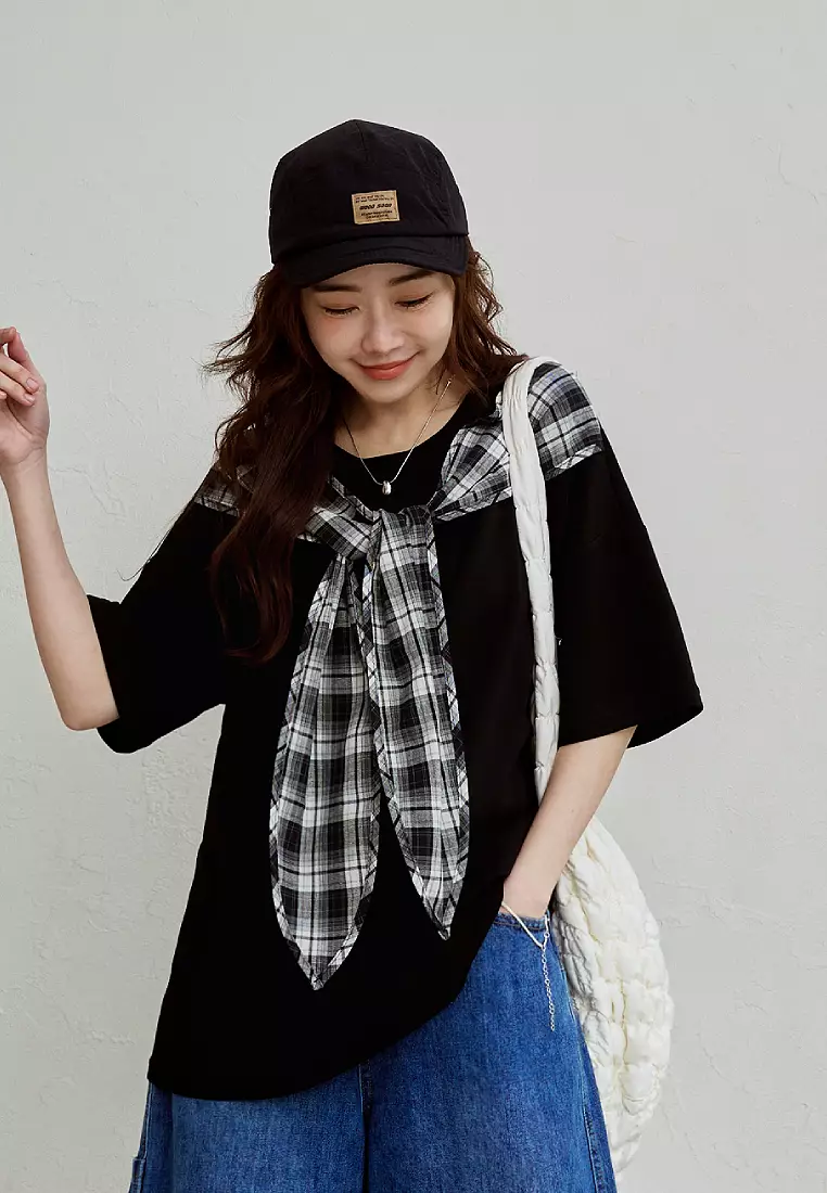 太空棉休閒領巾造型寬鬆短袖上衣《AB21054》