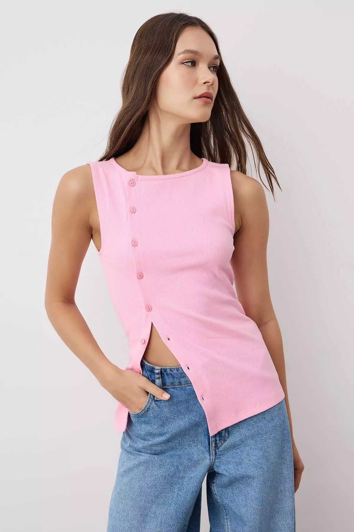 Pink Buttoned Asymmetric Fitted/Fits Body Ribbed Flexible Knit Blouse