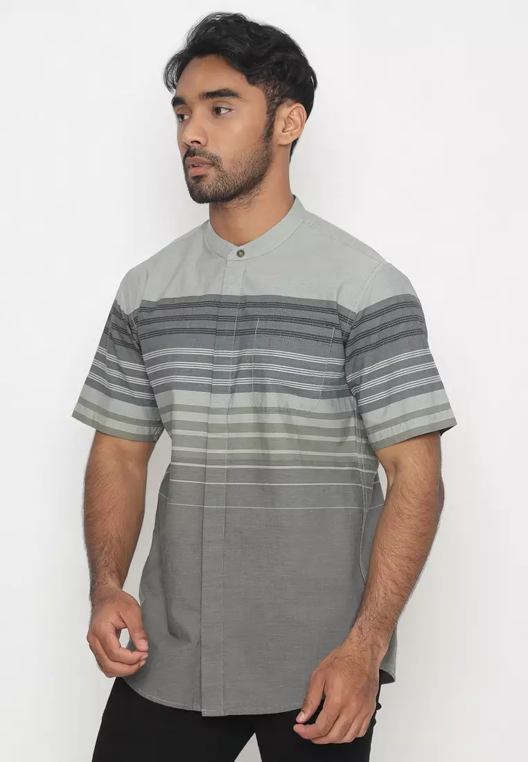 POLICE Kemeja Koko Border Krah Shanghai Abu Hijau Regular Fit Pria