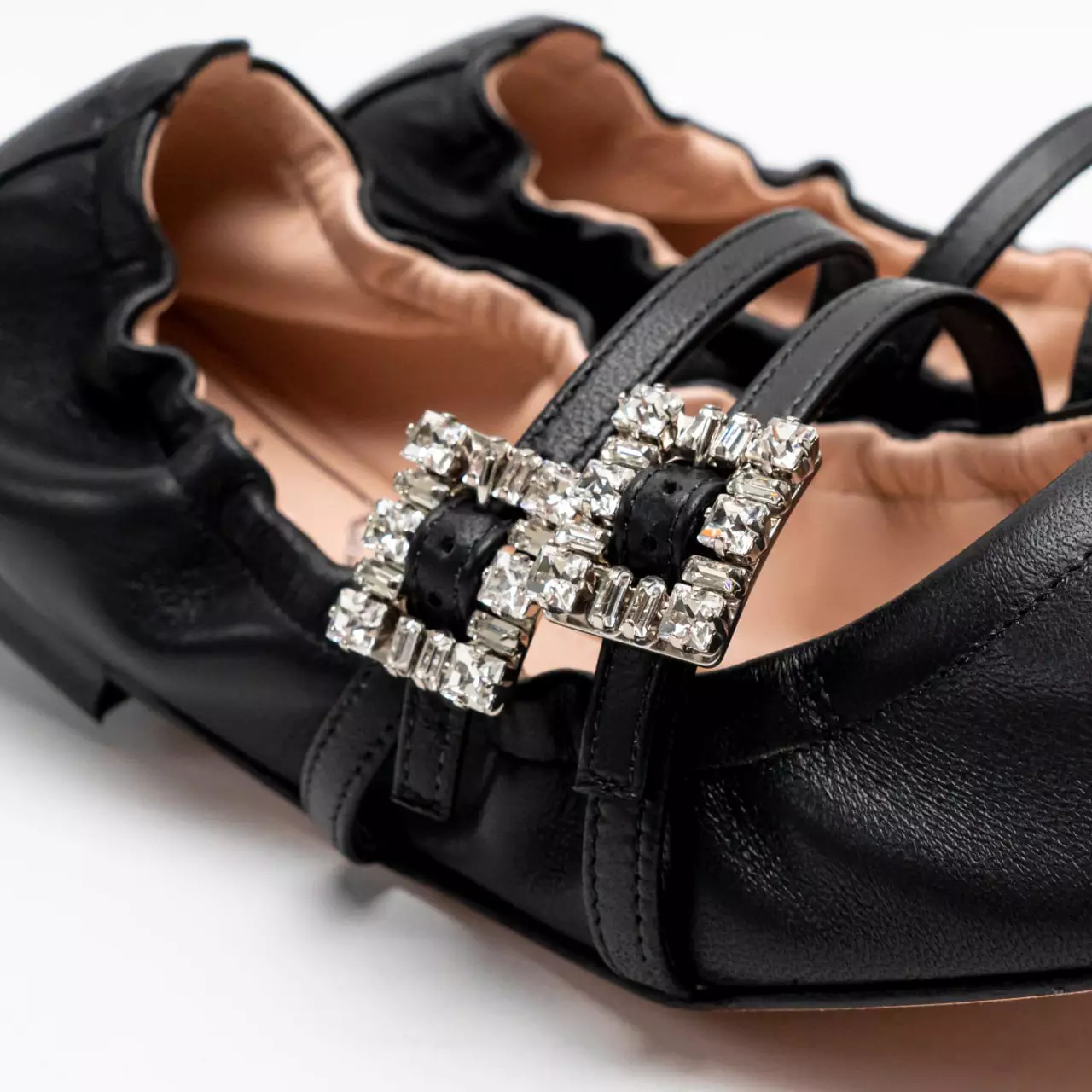 [4.4PRIL KEJUTAN HARGA] Mary Janes Crystal Buckle Nappa Leather Flats Black