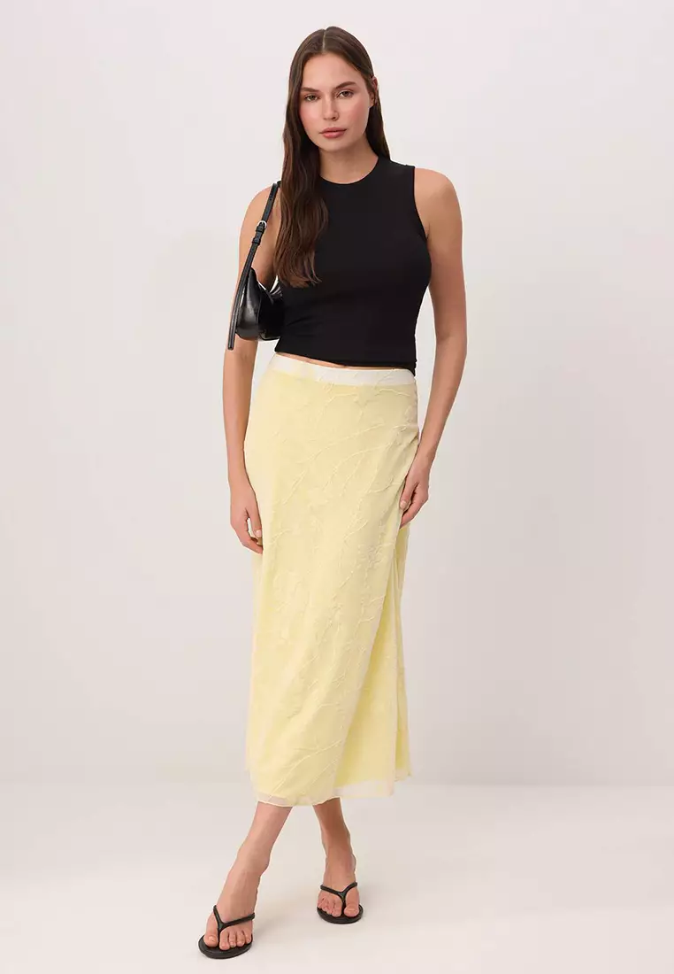 Yellow Flock Printed Pen Maxi/Long Tulle Flexible Knitted Skirt Twoaw26Et146