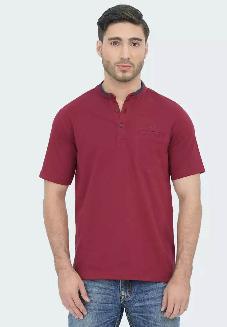 LGS - Kaos Casual Pria - Lengan Pendek - Motif Kerah Shanghai - T-Shirt Henly - Kancing Dada - Reguler Fit - Merah Maroon - CPS.221.C3504.01.C