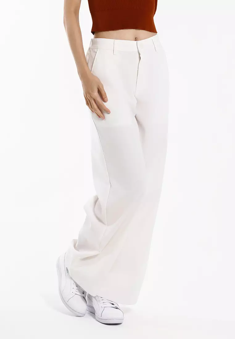 Forest Ladies Cotton Linen Blend Elastic Waisted Wide Leg Pants Women Long Pants - 810547-06OffWhite