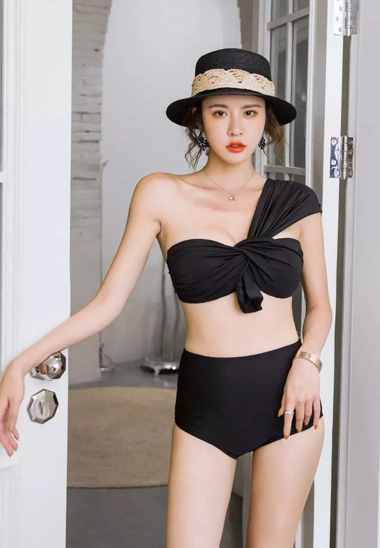 Slant Shoulder Split High Waist Two Piece Swimsuit CA071701BK