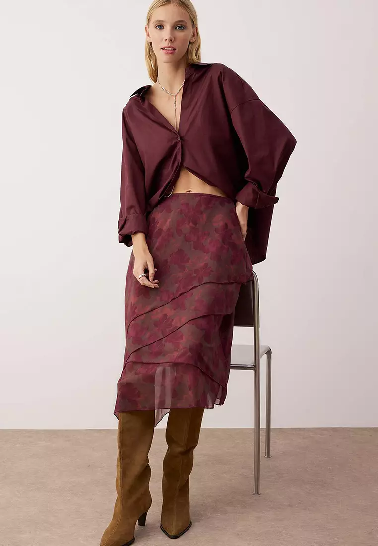 Burgundy Ruffled Abstract Patterned Knitted Skirt