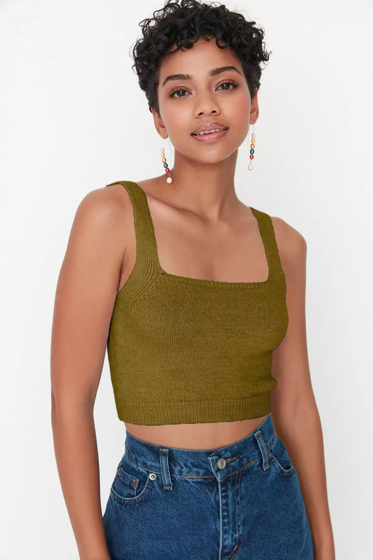 Khaki Crop Soft Textured 2 Piece Blouse Cardigan Knitwear Set