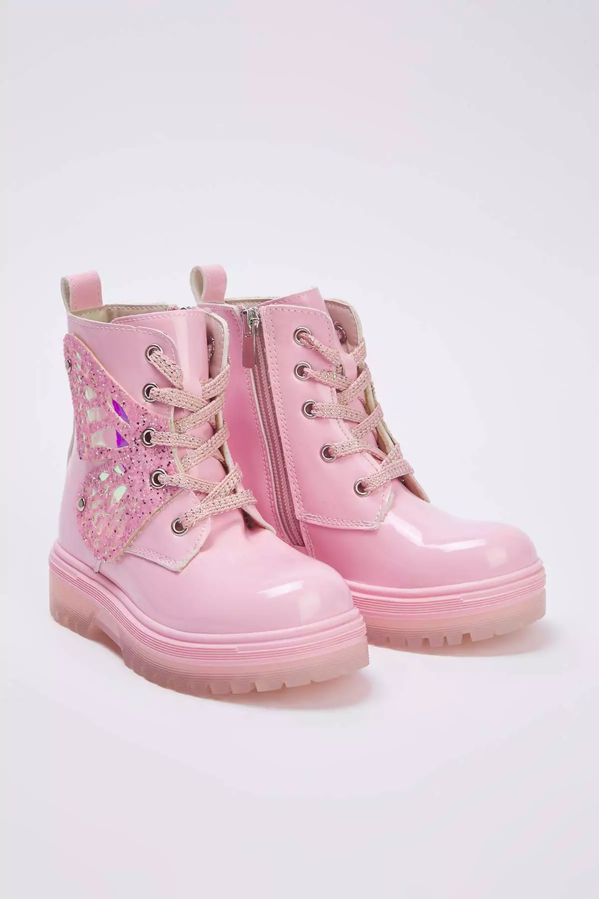 Trendyol Pink Zippered And Laced Little Girl'S Kids Postal Patent Leather Boots 
 Takeaw26Bo00009