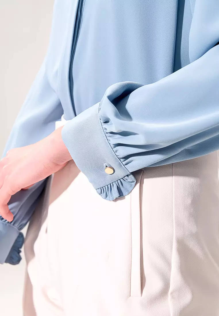 Sky Blue Pleated Cuffs Long Sleeve Top