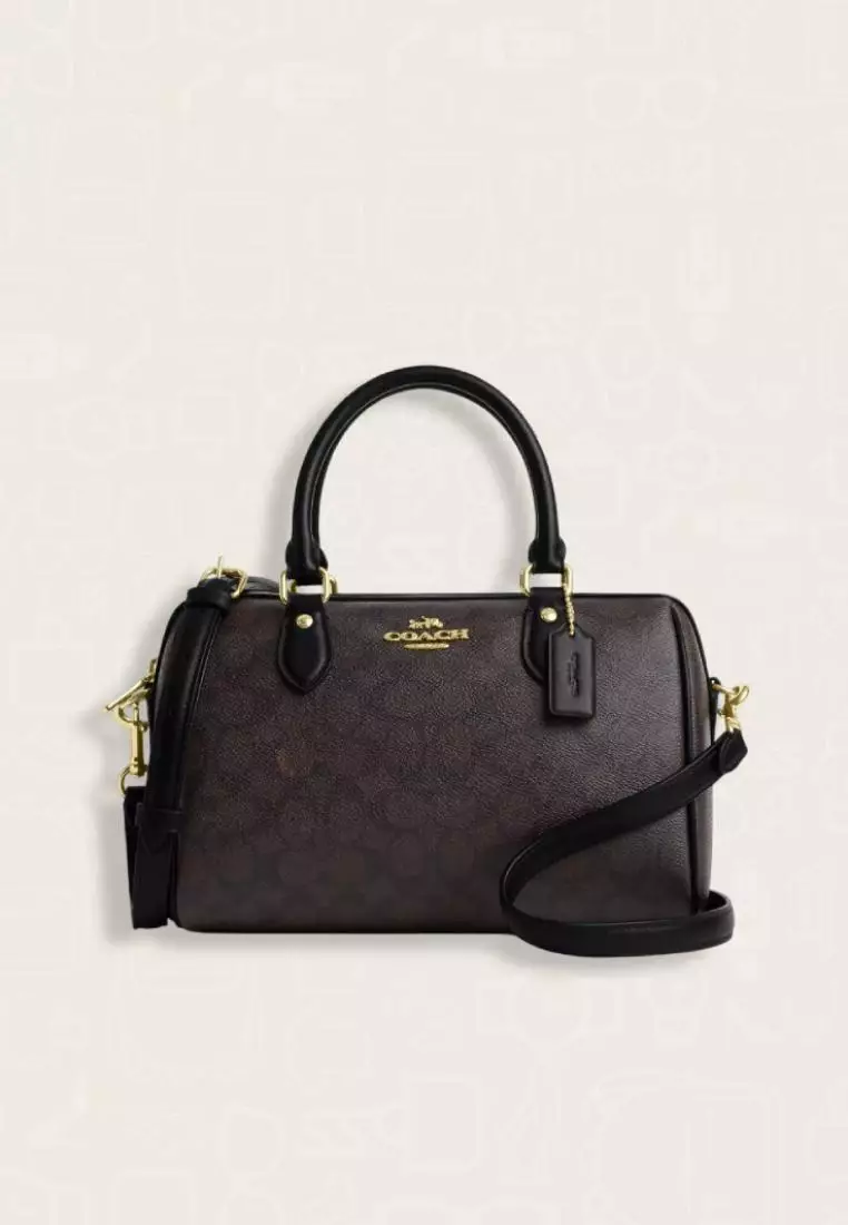 Coach Rowan Satchel Bag In Signature Canvas Walnut Black