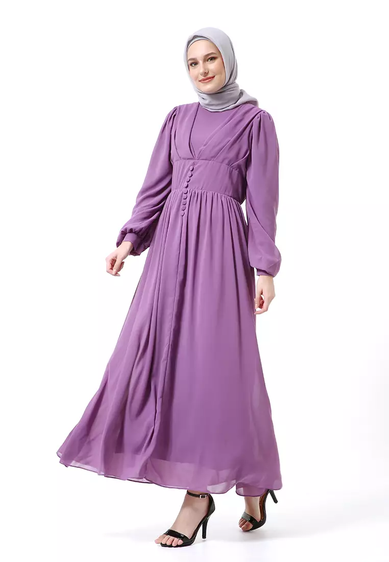 Khansa Long Dress Muslimah Atasan Wanita Long Sleeve Motif Polos High Quality - Ungu Sedang