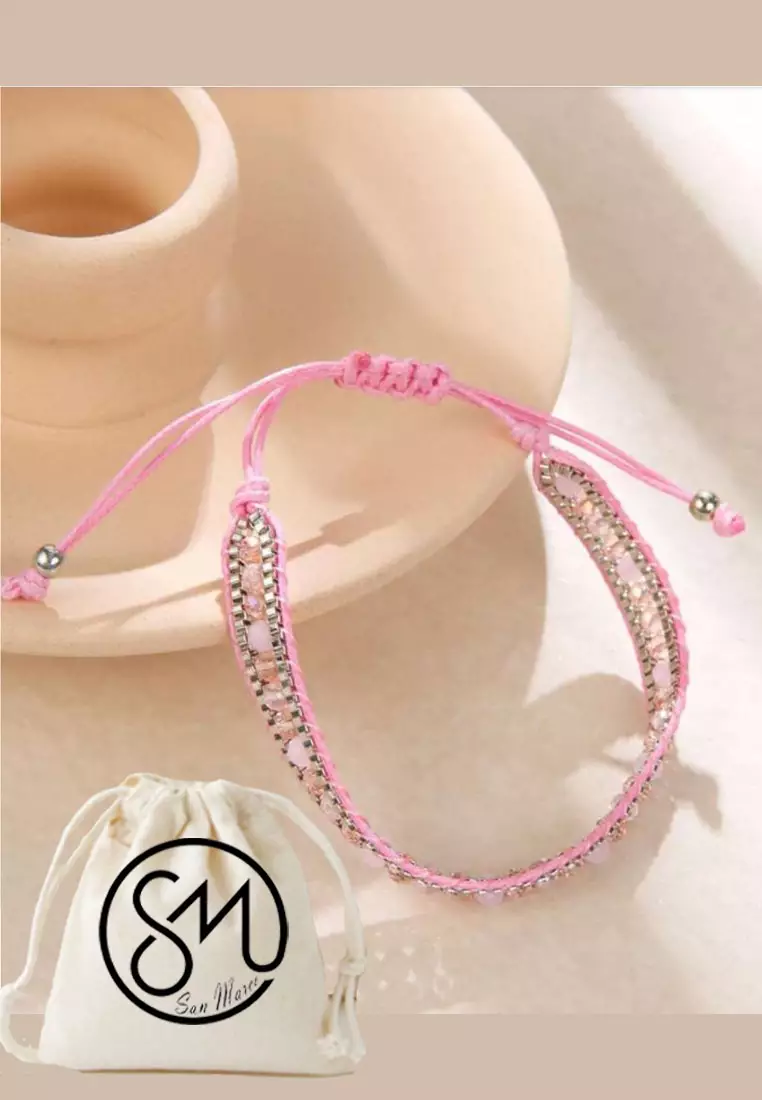 Aksesoris Gelang Wanita Crystals Beads Embellish Macrame Bracelet Pink
