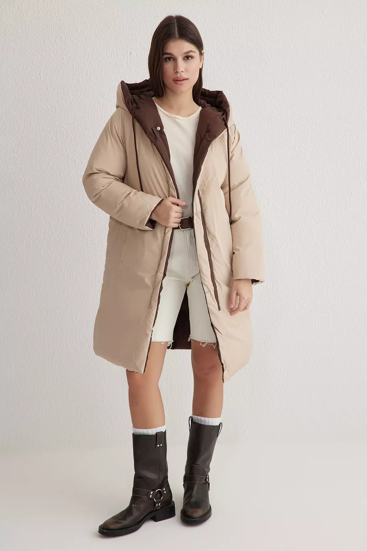 Dark Brown Ecru Double Sided Regular Fit Hooded Water Repellent Long Down Coat