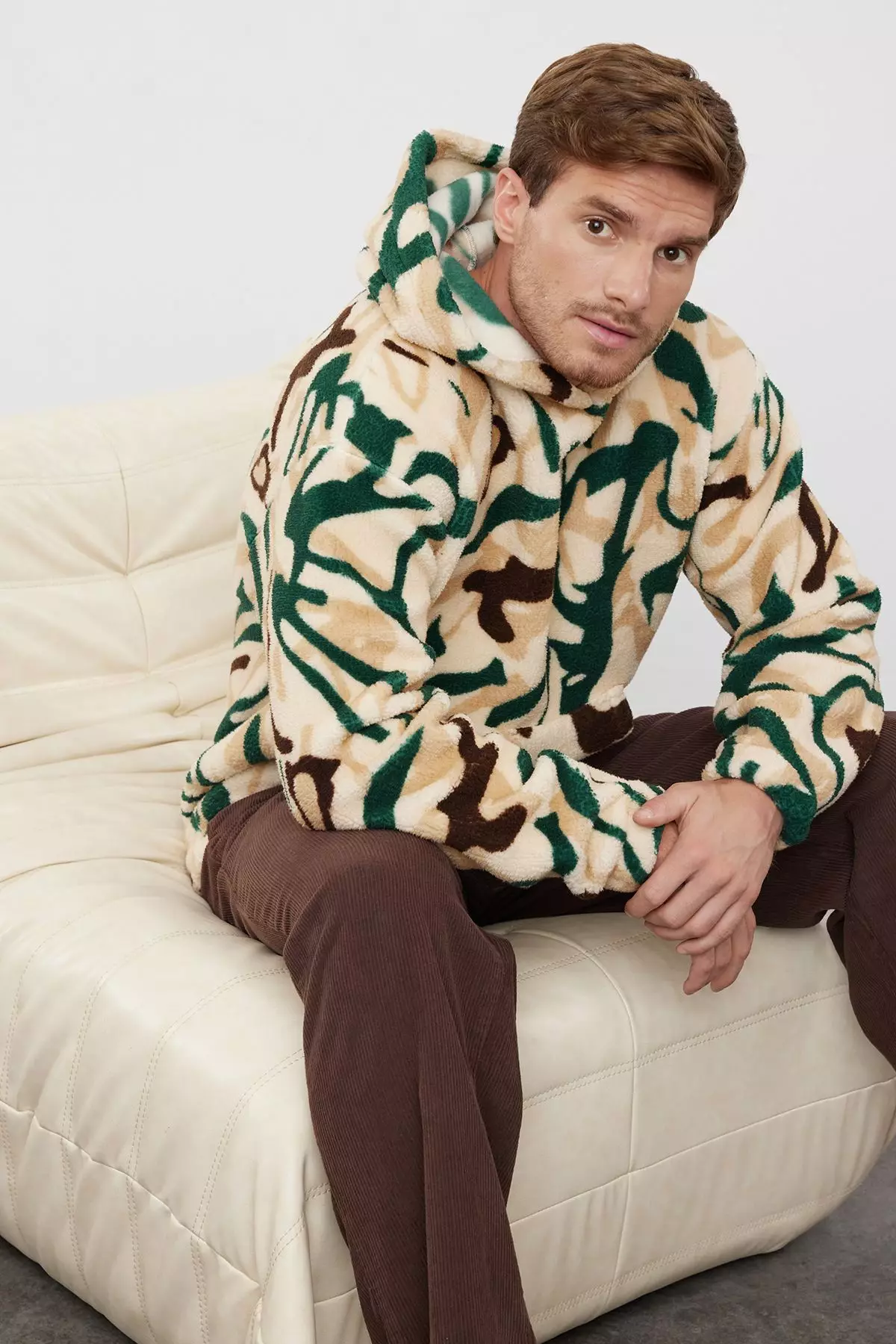 Multicolored Unisex Oversize/Wide Cut Patterned Sherpa Fleece/Plush Hooded Sweatshirt TMNAW25SW00147