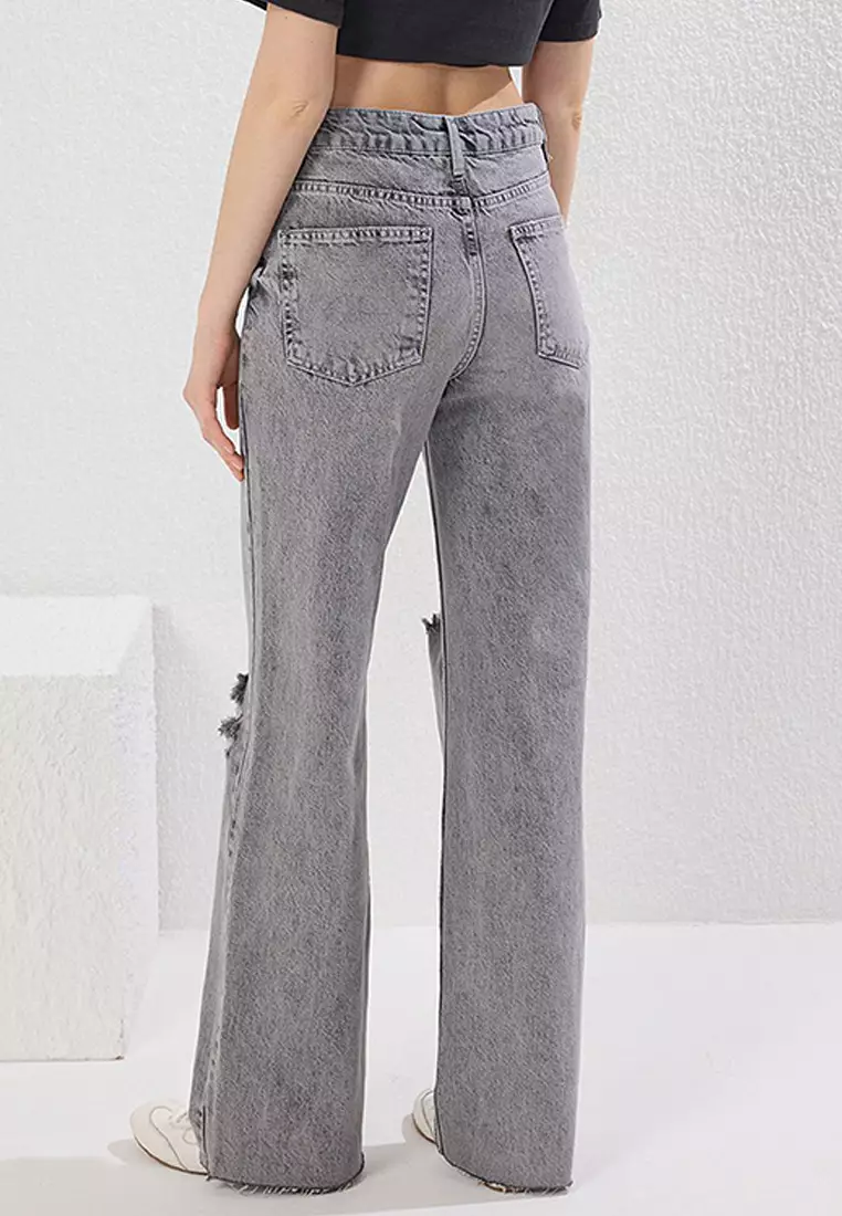 Buy Trendyol Gray Torn Detailed Normal Waist Wide Leg Jeans ...
