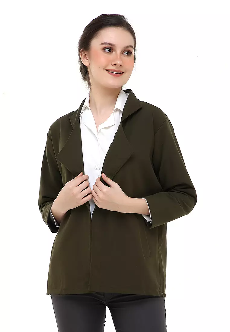 Qemsya Jas Blazer Wanita Long Outer Casual Suit Material Baby Canvas ORIGINAL - Army