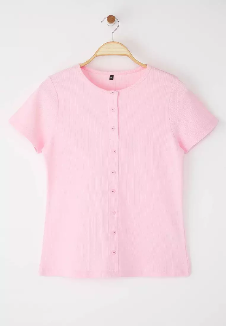 Pink Button Detailed Fitted Cord Knitted Large Size Blouse Tbbss25Af00060