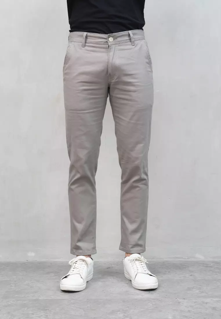 Celana Chino Panjang Pria Slim fit Stretch Jeans krem asap