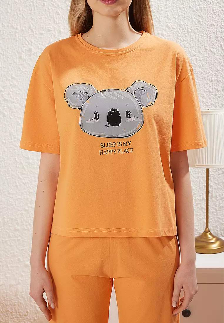 Orange Koala Printed Knitted Pajama Set