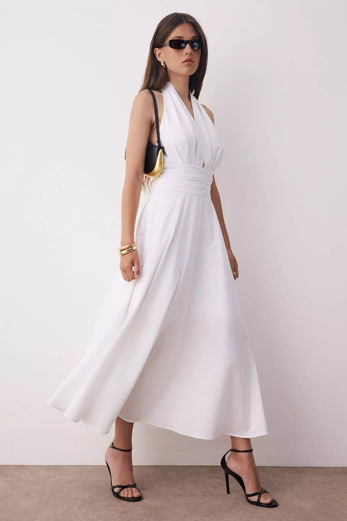 White Low-Cut Halter Neck Poplin Lined Woven Dress