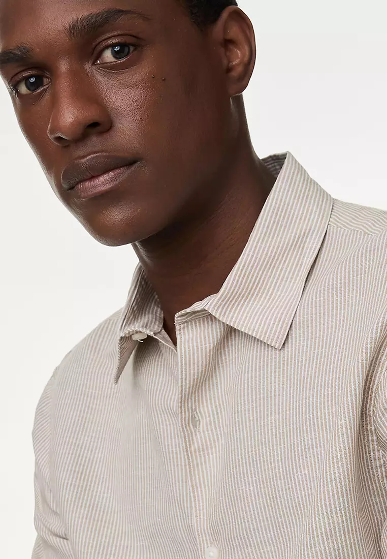 Cotton Linen Blend Fine Stripe Shirt