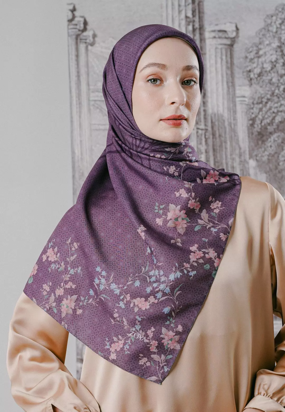 MICHELIA Scarf Maroon - Kerudung Hijab Segiempat Motif With Pouch Ziplock - Bahan Poly Fine - Ukuran 110x110