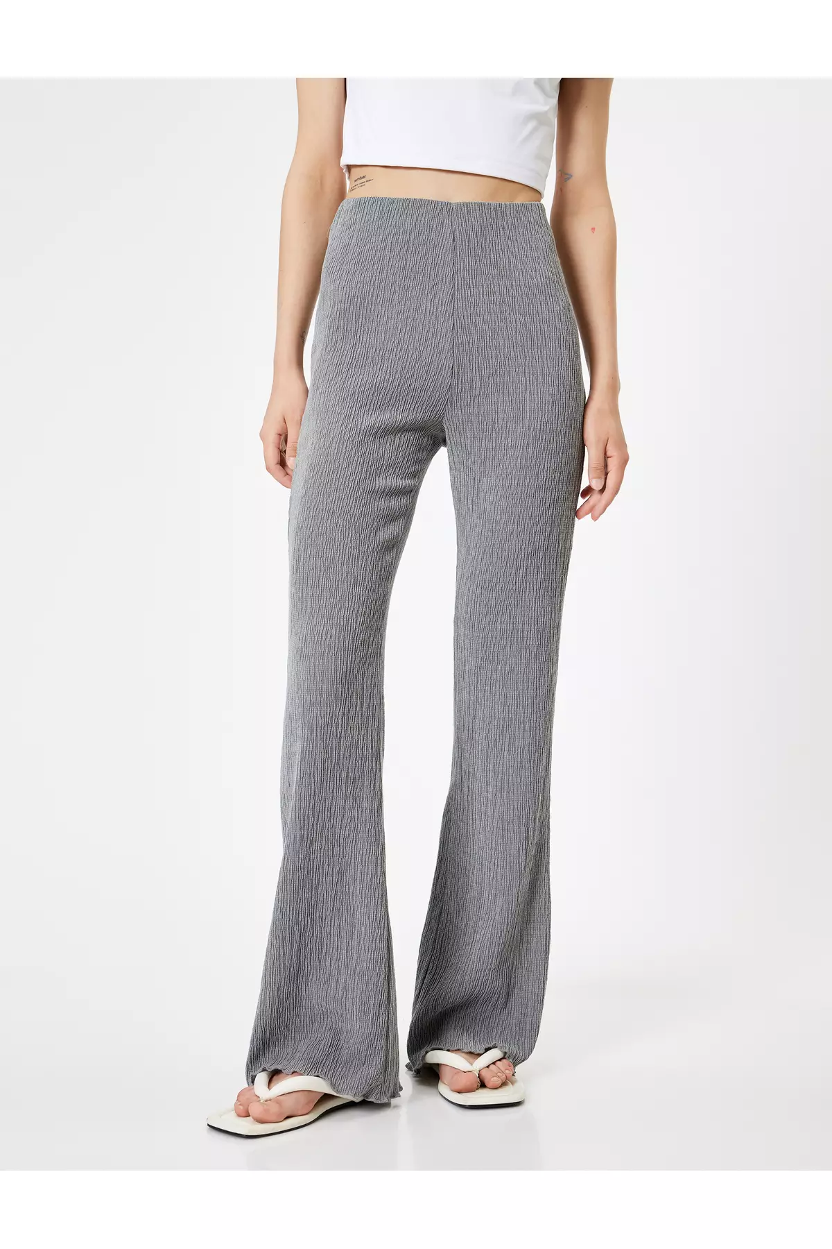 喇叭褲 高腰索繩腰部彈性嫘縈混紡紋理