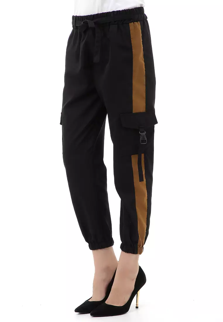 Jourel Celana Panjang Kasual Wanita Jogger Cargo Pants Plered Line Material Cotton ORIGINAL - Black Mocca