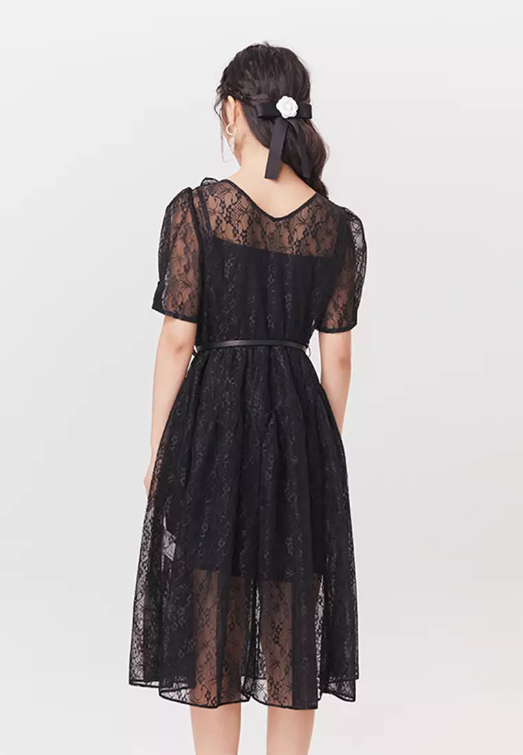 Square Neck Short Sleeve Lace Cocktail Dress