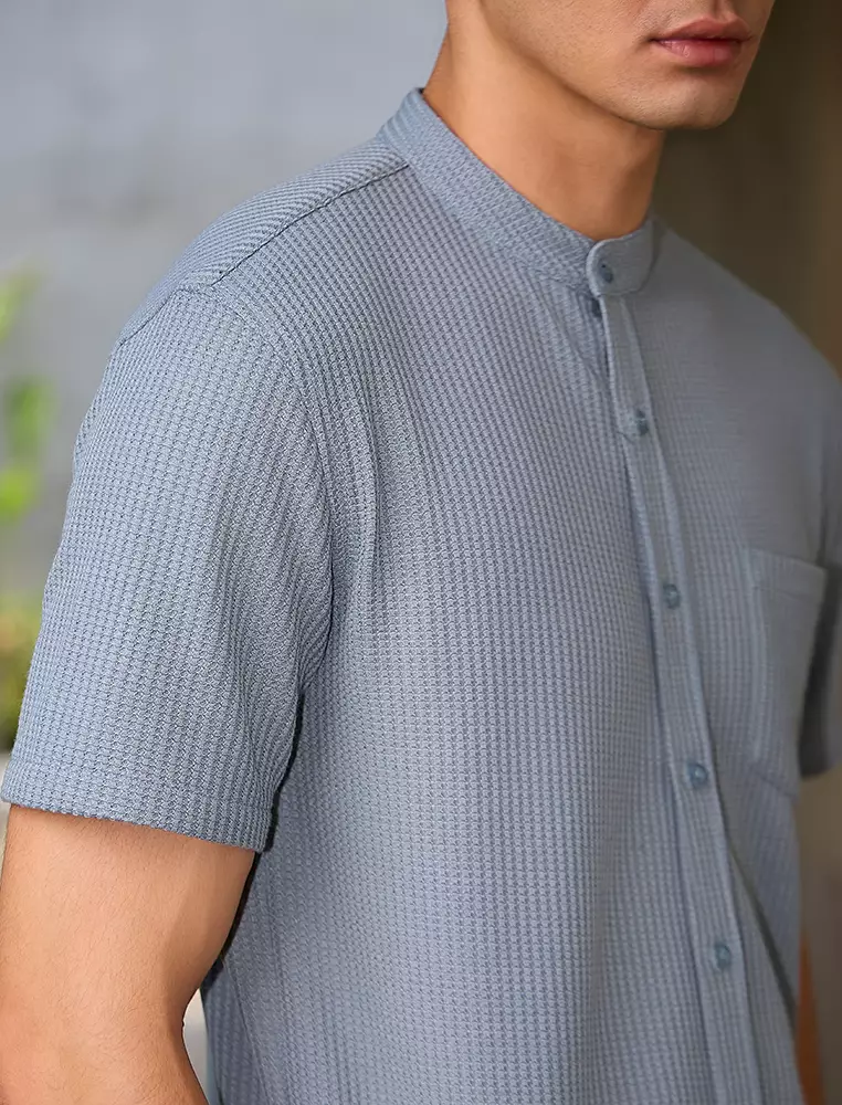 OXCON kemeja Tangan Pendek Waffle Kerah Collarless Blue Grey