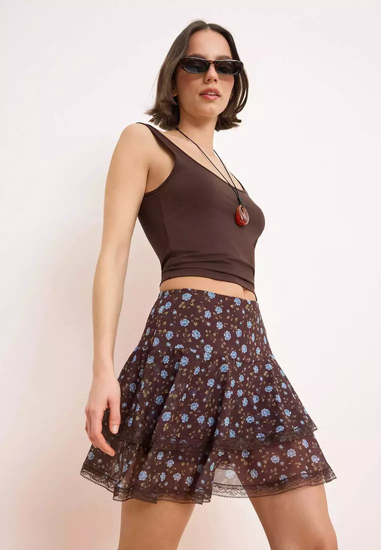 Multi-Colored Floral Shorts Skater Lace Detailed Regular Waist Mini Tulle Knitted Skirt Twoss26Et91