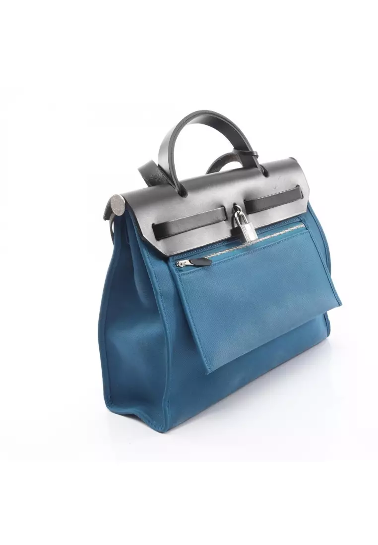 Pre-Loved Hermès herBag Zip PM Handbag Toile Officier vache hunter blue black silver hardware 2WAY A stamp