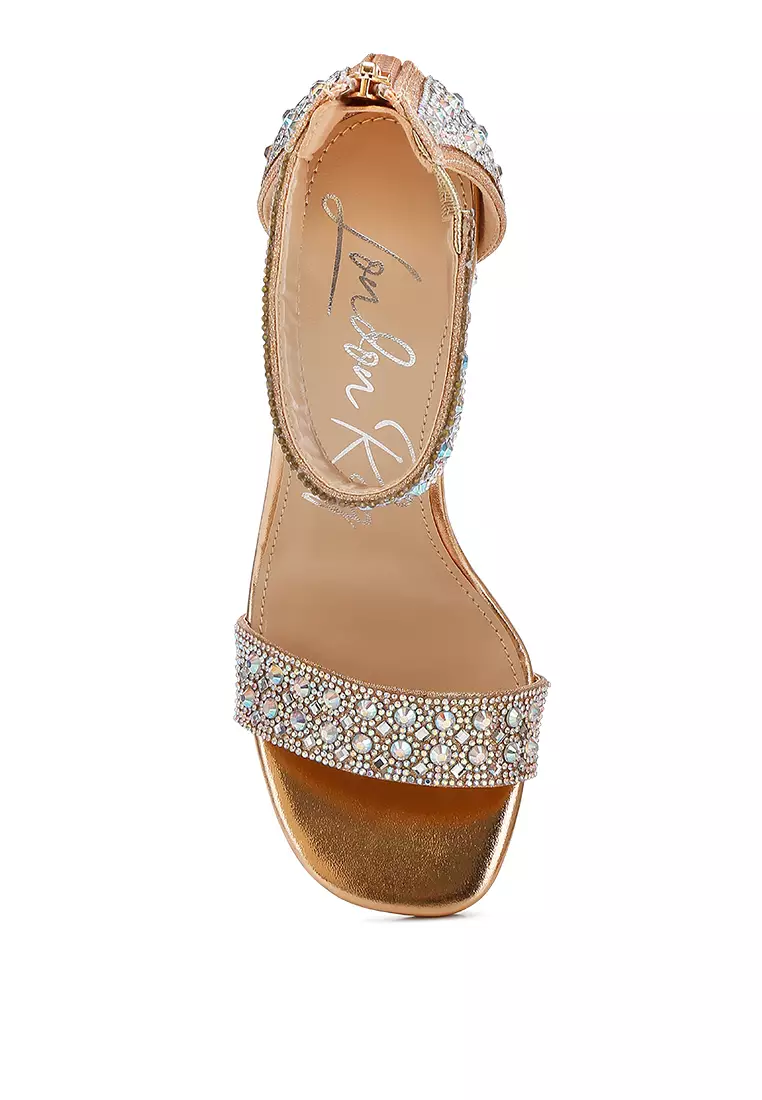 Rhinestones And Sequins Block Sandals in Rose Gold