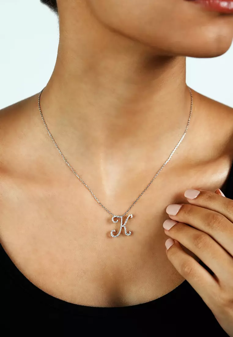 Pavé Lab Grown Diamond 'K' Initial Pendant in White Gold D/E-VVS/VS (0.32ct TDW) with chain