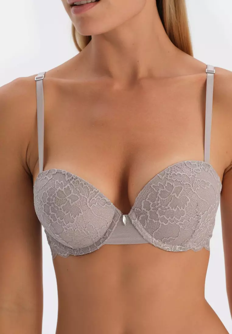 Light Grey Push-Up Bra, Floral Printed, Underwire, Underwear for Women