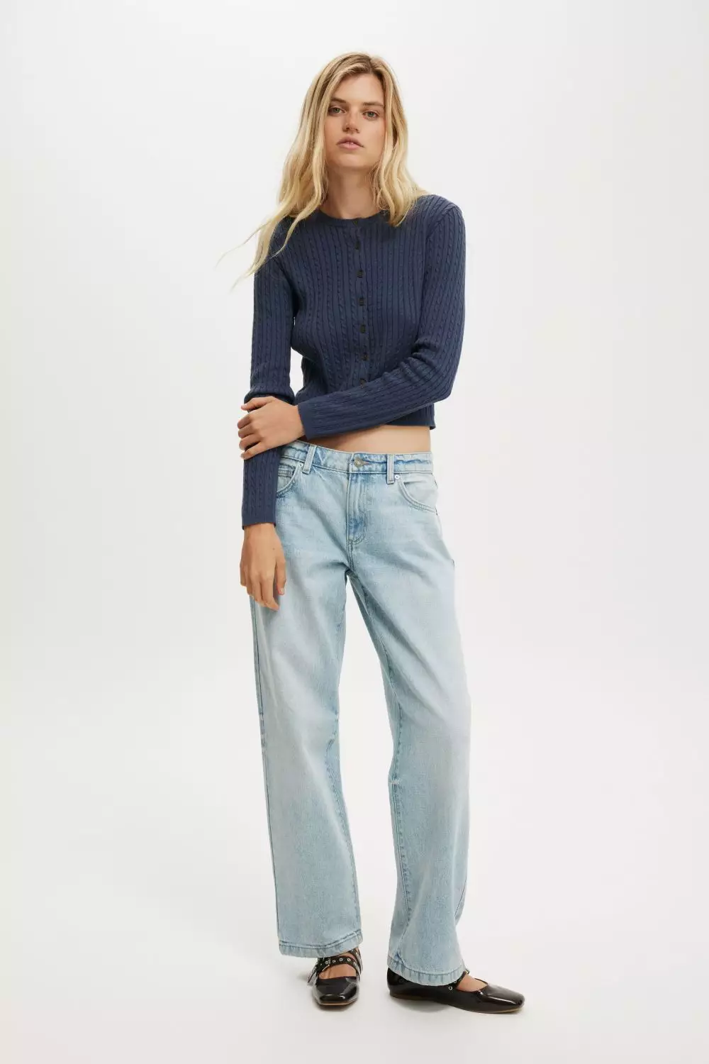 COTTON ON - PAKAIAN - COTTON CREW NECK CARDIGAN - NAVY