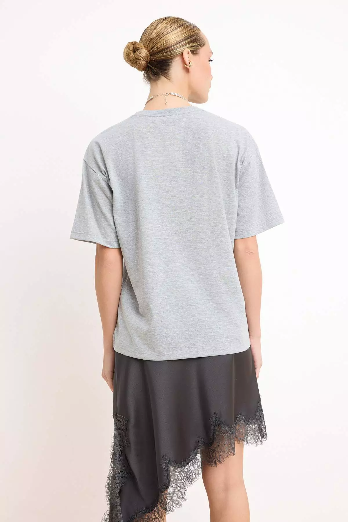 Grey Melange 1% Cotton Slogan Printed Relaxed/Wide Comfortable Cut Knitted T-Shirt Twoss19Gh34