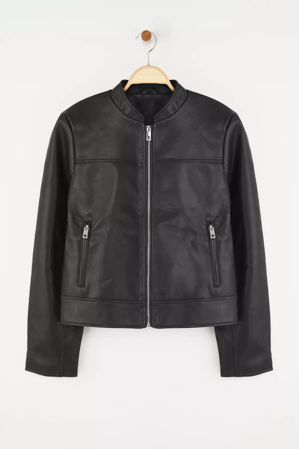 Black Fitted Mold Faux Leather Biker Slim Jacket Coats