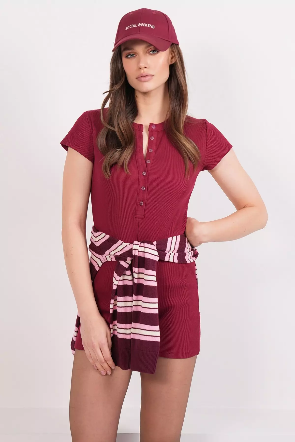 Burgundy Crew Neck Ribbed Short Sleeve Jumpsuit Romper Pjm-X13914
