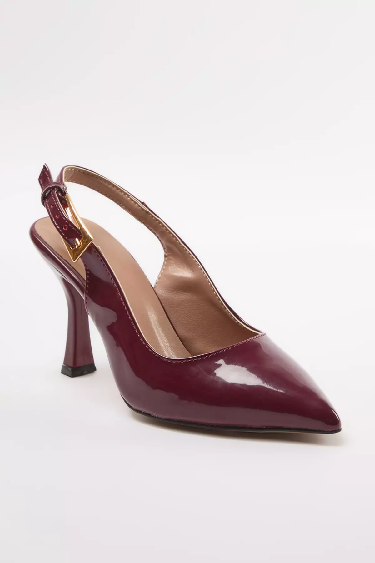Pointed Toe Claret Red Thin Heeled Women's Shoes - Gold Buckle, Open Back