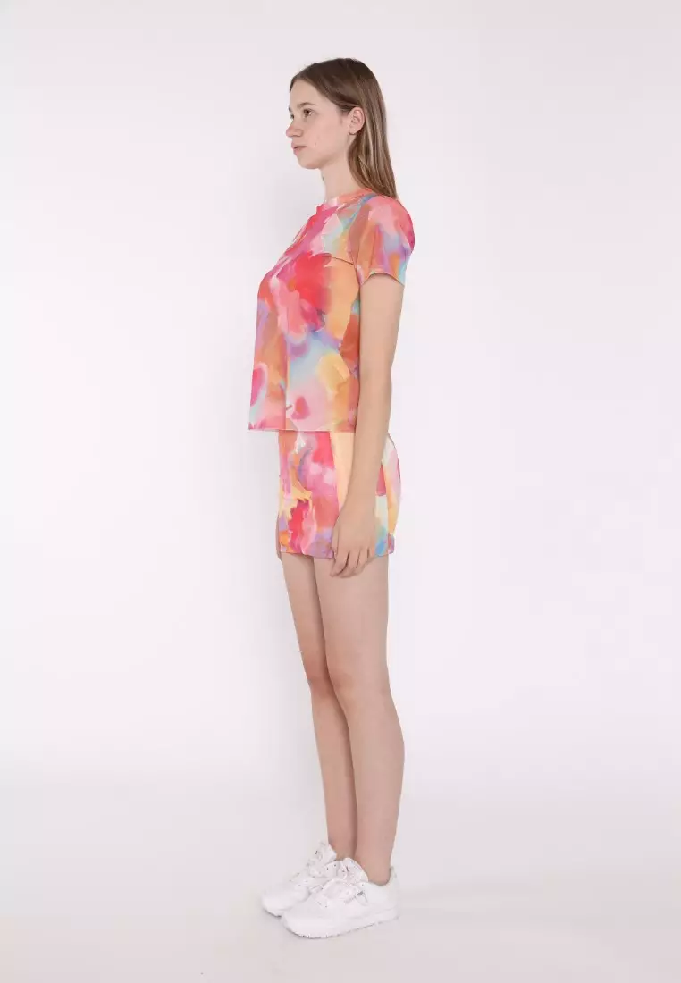 Multi Watercolour Flower Split Mini-Skirt