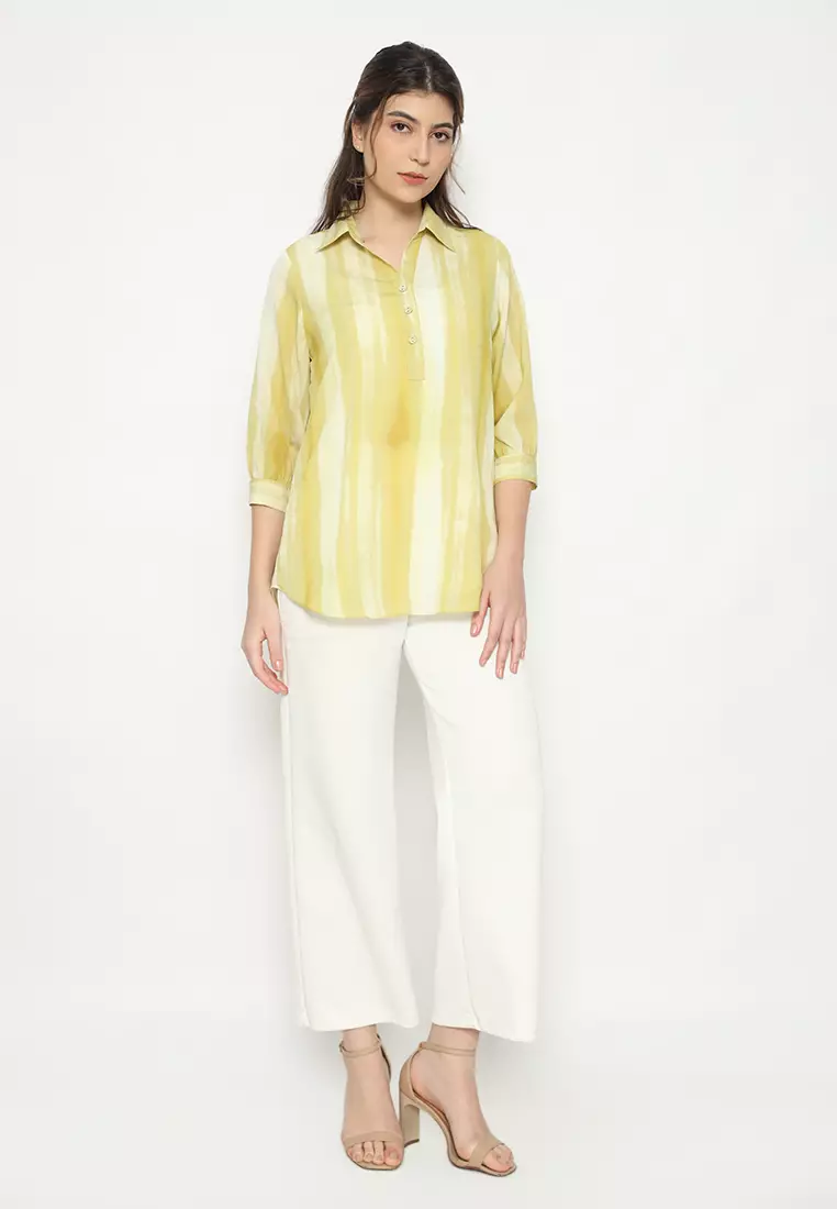 Stripe V neck Blouse Chifon In Yellow By Brilliant Girl Warna KUNING