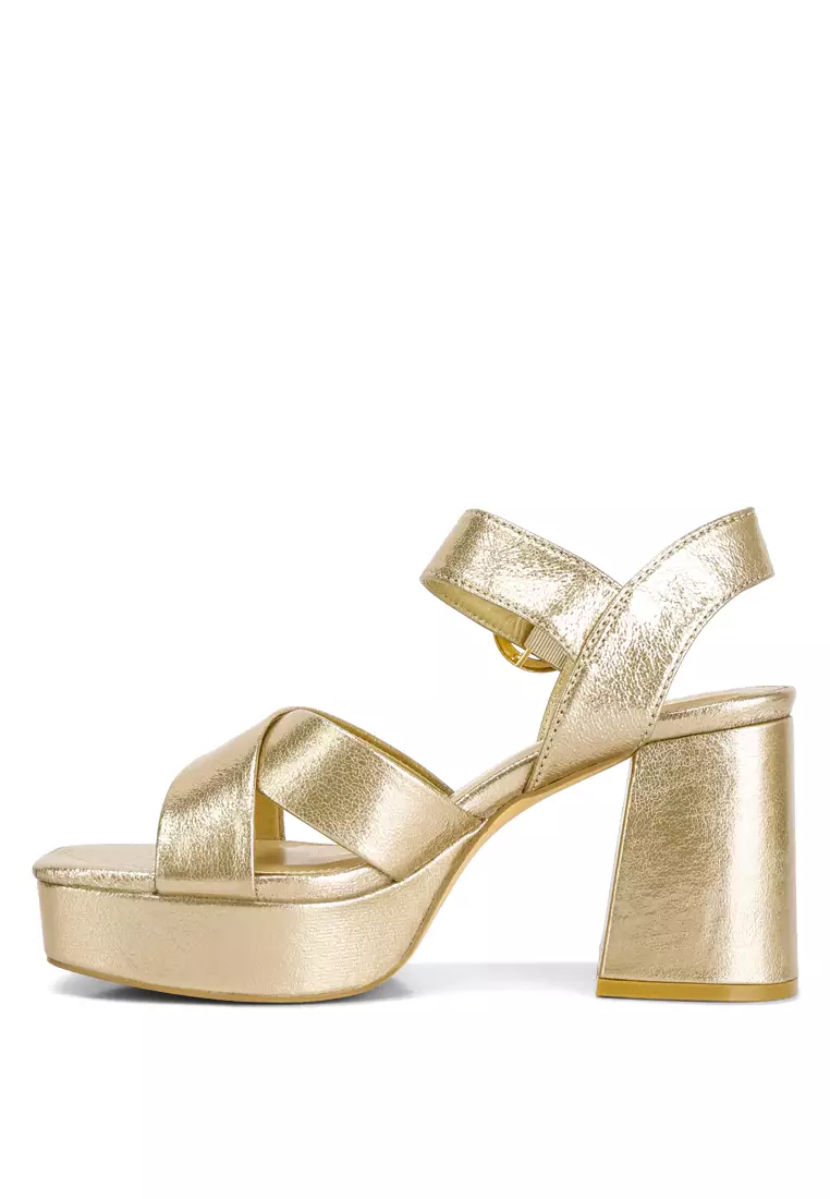 Gold block top heel strappy sandals