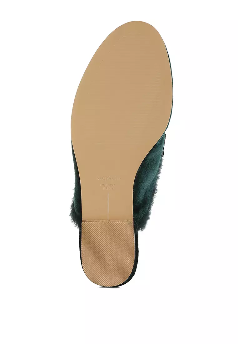 Fur Detail Velvet Slip-On Mules in Bottle Green