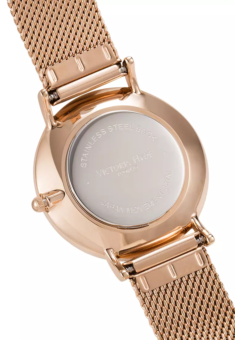 女士手表 玫瑰金色 不鏽鋼網狀表帶 33mm表殼 白色表盤-玫瑰金
