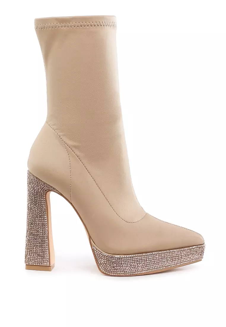 Discount on London Rag  shoes - SKU: Lycra Rhinestone Detail Ankle Boots in Beige