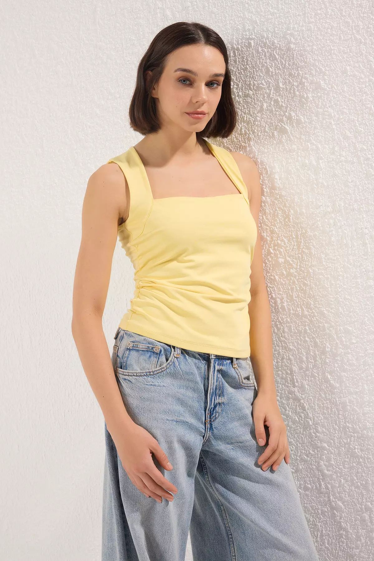 Light Yellow Plain Square Neck Strappy Gathered Fitted/Fits Body Flexible Knitted Blouse TWOSS24BZ00400